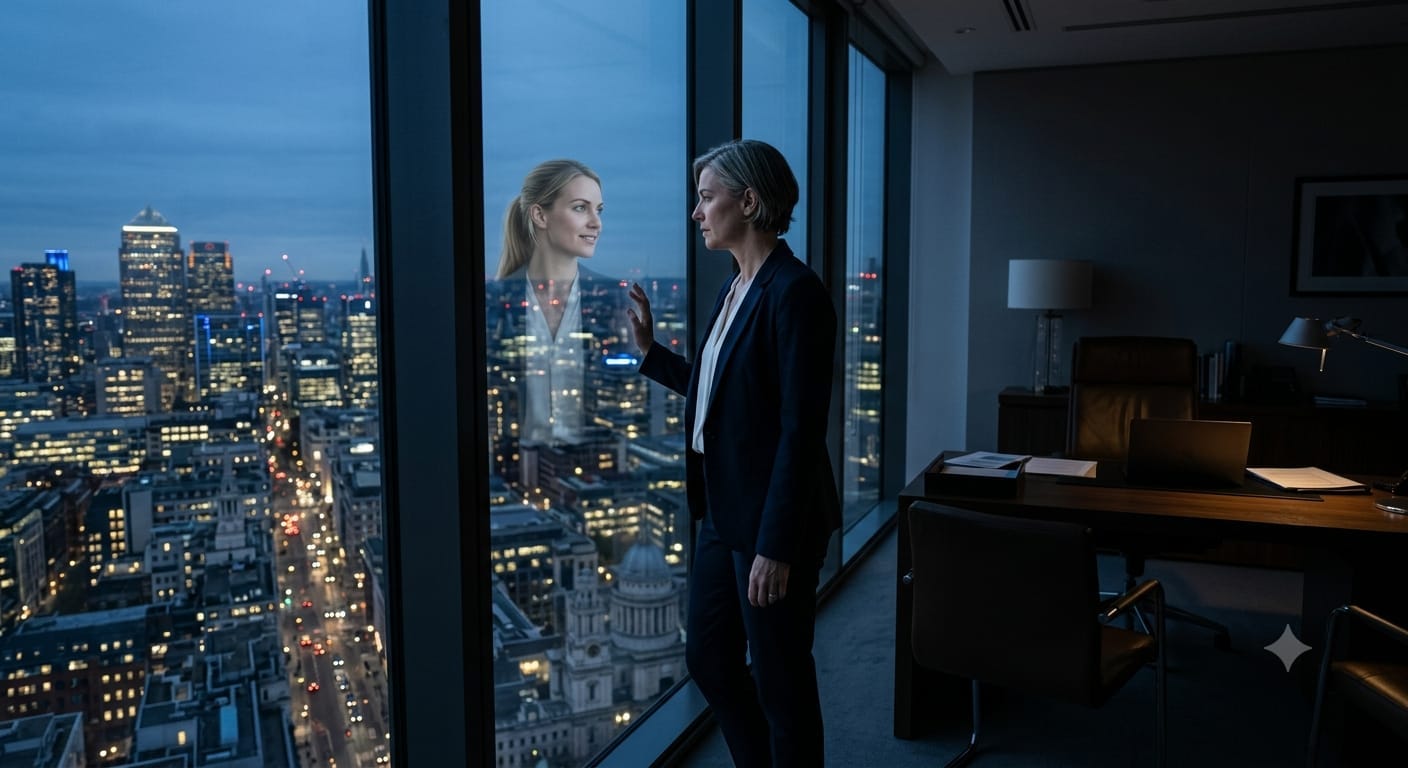 A serious, middle-aged woman in a dark business suit stands in a dimly lit, modern high-rise office at dusk, looking out a large window. She holds her hand against the glass. Reflected clearly in the windowpane, looking back at her, is a younger, smiling version of herself. Below them lies a sprawling, illuminated London cityscape featuring landmarks like St. Paul's Cathedral. A dark executive desk with a laptop is partially visible in the shadows of the room.