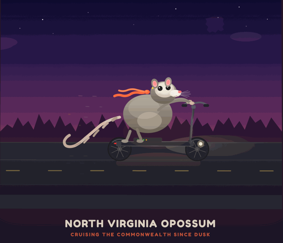 This is so great. It's dark, the possum is clearly a possum, it's riding an escooter, lovely animation, tail bobbing up and down, caption says NORTH VIRGINIA OPOSSUM, CRUISING THE COMMONWEALTH SINCE DUSK - only glitch is that it occasionally blinks and the eyes fall off the face This is so great. It's dark, the possum is clearly a possum, it's riding an escooter, lovely animation, tail bobbing up and down, caption says NORTH VIRGINIA OPOSSUM, CRUISING THE COMMONWEALTH SINCE DUSK - only glitch is that it occasionally blinks and the eyes fall off the face