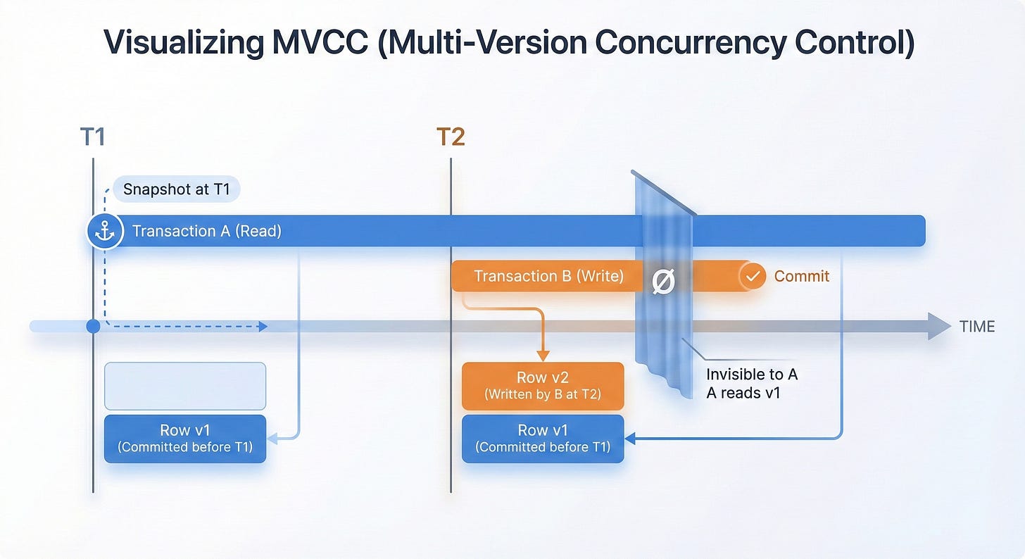 Diagram visualizing MVCC (Multi-Version Concurrency Control) with a transaction timeline showing Transaction A pinned to a T1 snapshot while Transaction B writes Row v2 at T2, demonstrating snapshot isolation and versioned rows in an ACID-compliant database. Diagram visualizing MVCC (Multi-Version Concurrency Control) with a transaction timeline showing Transaction A pinned to a T1 snapshot while Transaction B writes Row v2 at T2, demonstrating snapshot isolation and versioned rows in an ACID-compliant database.