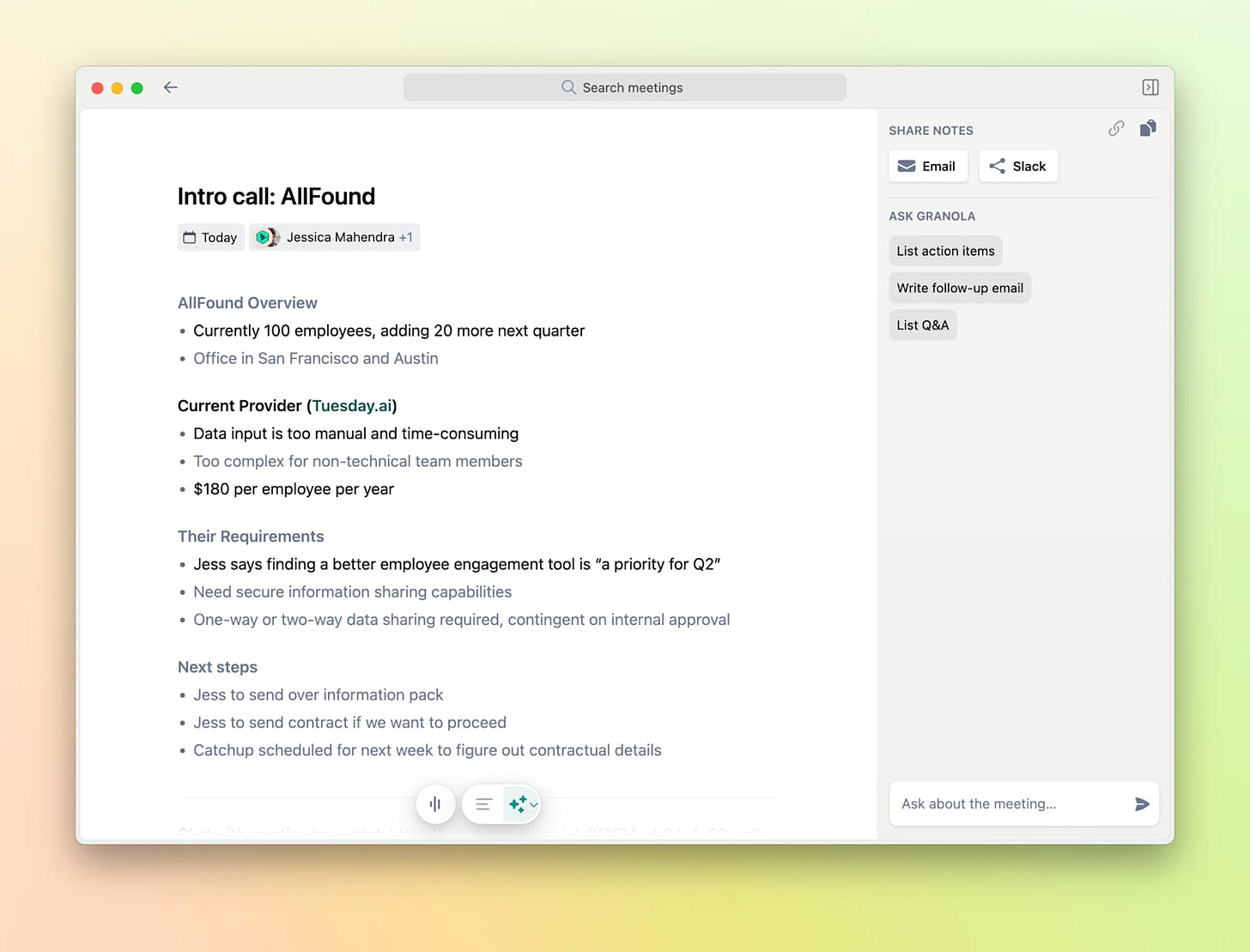 AI meeting notepad interface