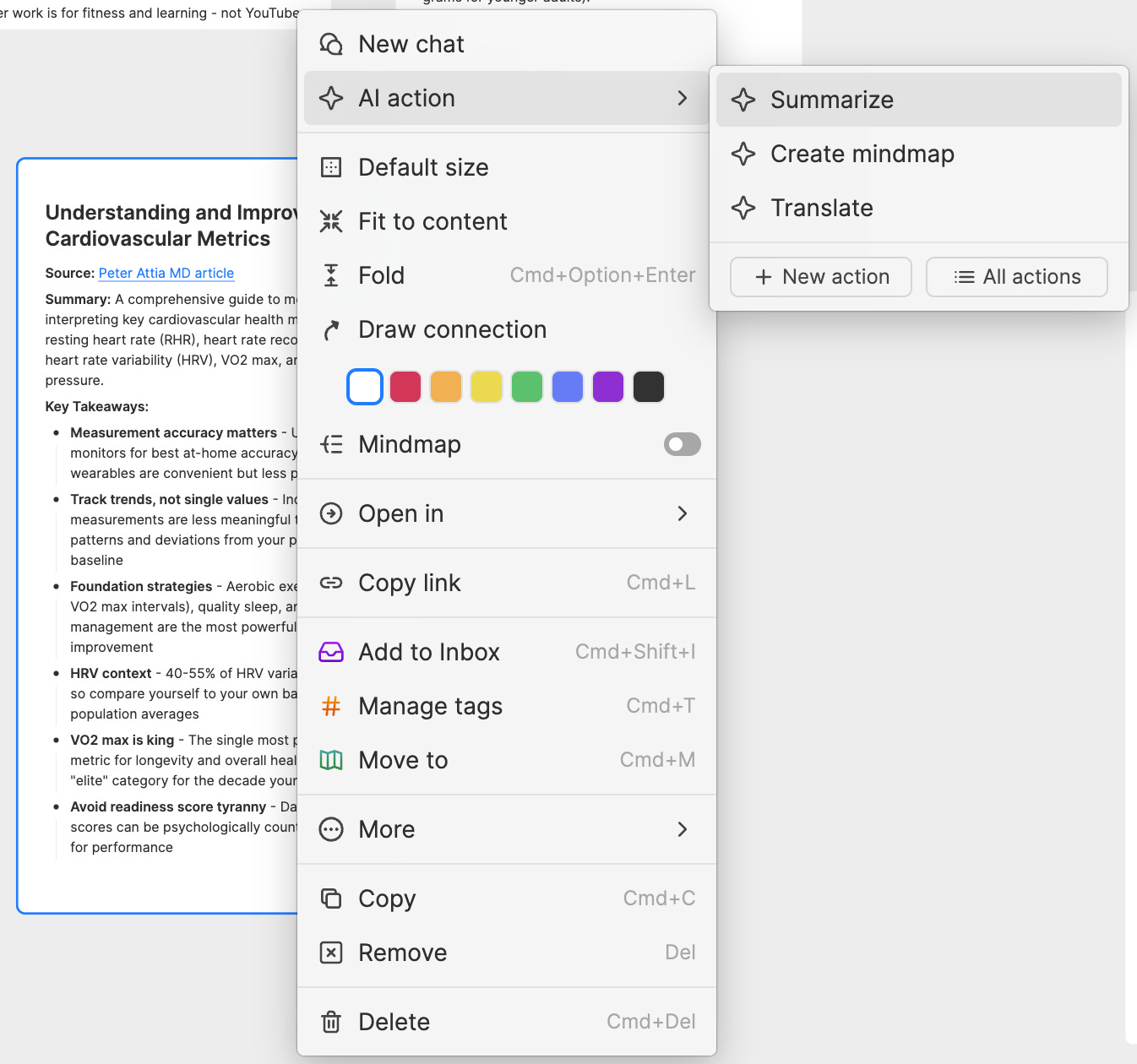 Heptabase right click AI options.