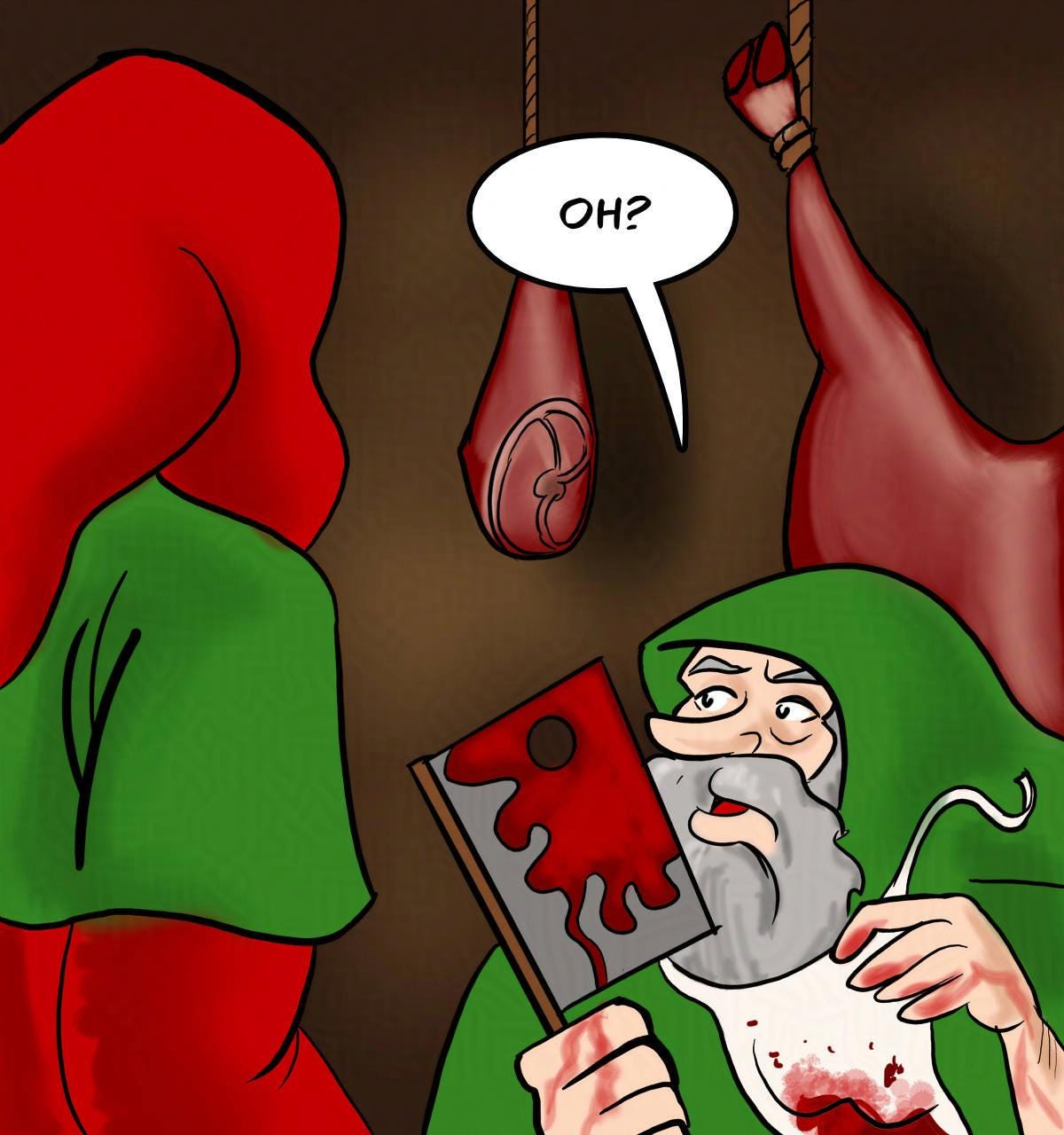 Panel 3. Jake takes off an apron that covers his beard. He has another apron underneath it to protect his clothes. Jake: Oh?
