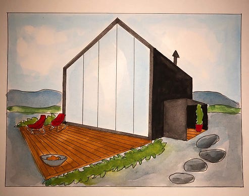 Lor Langille's Dream Studio: "Dream studio. An asymmetrical modern barn, with one wall a giant window overlooking the Atlantic Ocean. In front, a floating wood deck with a fire pit, for summer gatherings and impromptu meals, tai chi, whale watching and star gazing. Black clad outer walls, and a Japanese-inspired garden that makes full use of the pebbly beach stones in all their soft blue greys. Inside, a main living space with a soaring ceiling and a modern fireplace, and a mezzanine studio looking out through the window in front. Sheltered side entrance."
