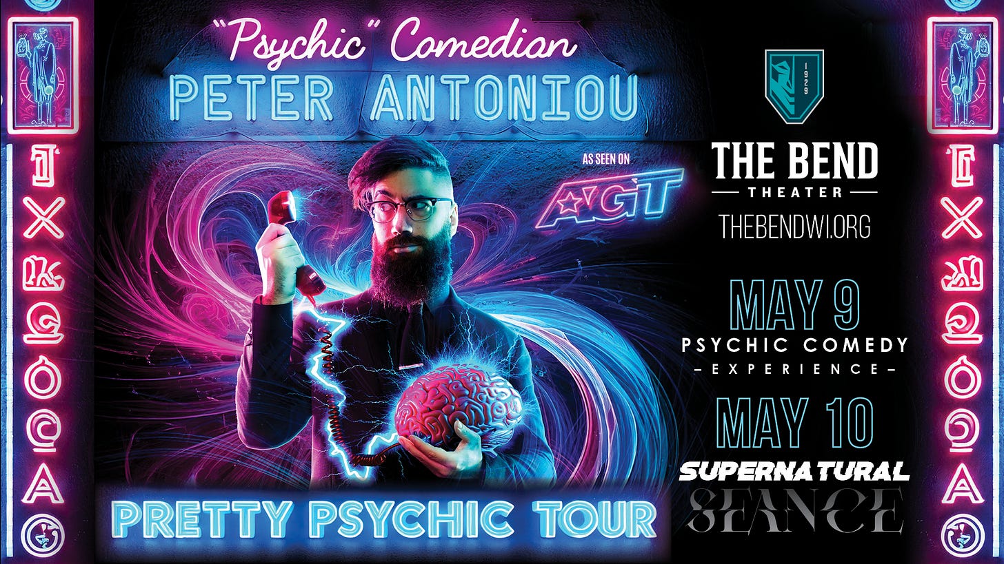 Psychic comedian Peter Antoniou performing at the haunted Bend theater in West Bend