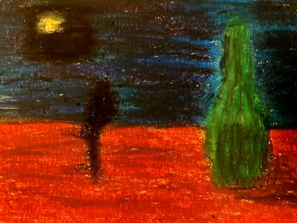 Oil pastel of a green bottle on a red surface with a moon to the left