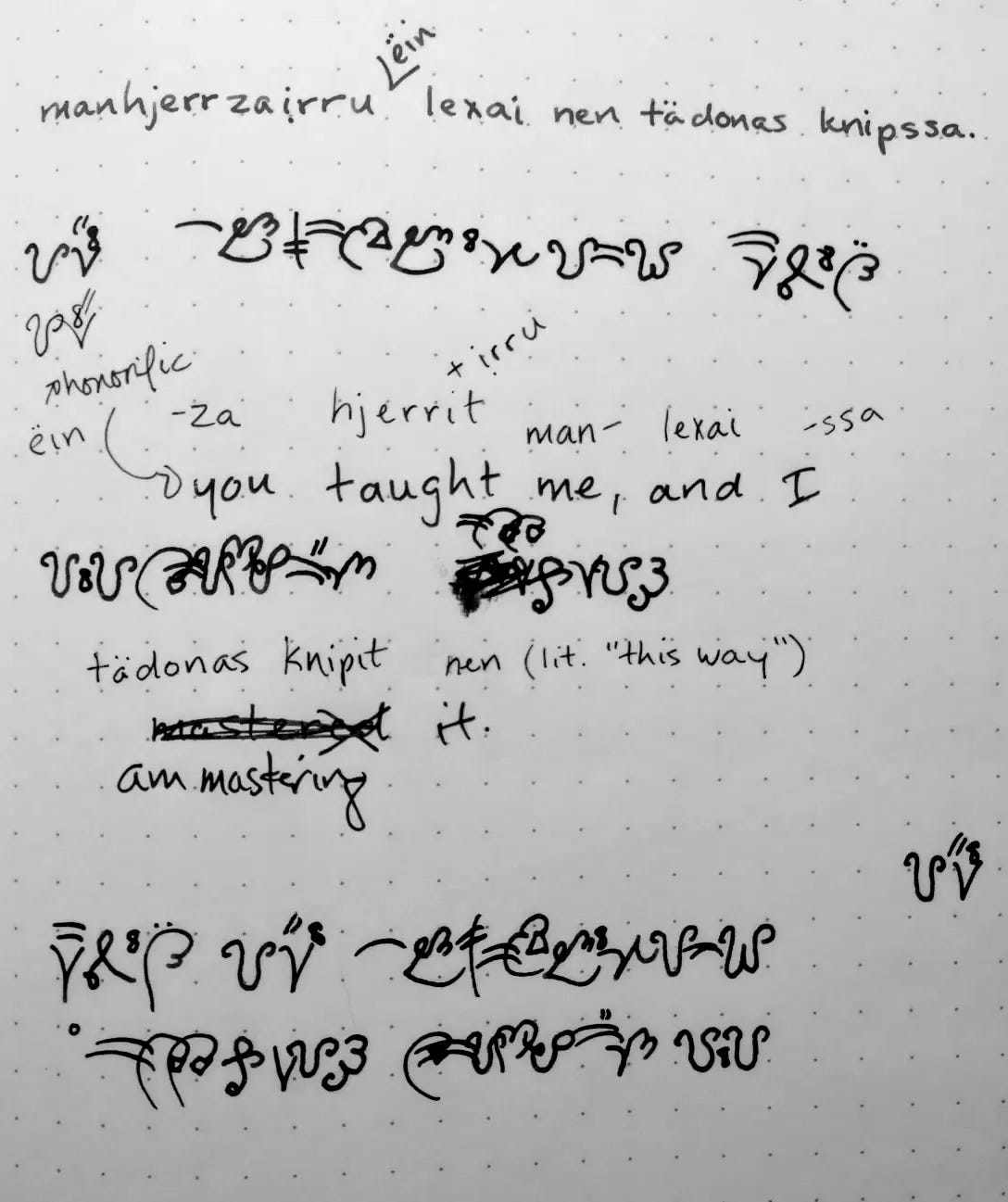 The conlang script under discussion. Noteworthy is that this page is really messy.