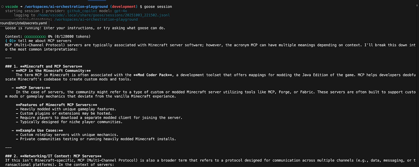 Screenshot of a Visual Studio Code window displaying a markdown file titled “goose session” in the directory workspace/director-testing-playground/development. The file explains the term “MCP” in Minecraft server contexts, detailing three meanings: modded Minecraft servers using the Coder Pack, categorized server lists, and Multi-Channel Protocol as a broader communication protocol. Content is organized with headings and bullet points.