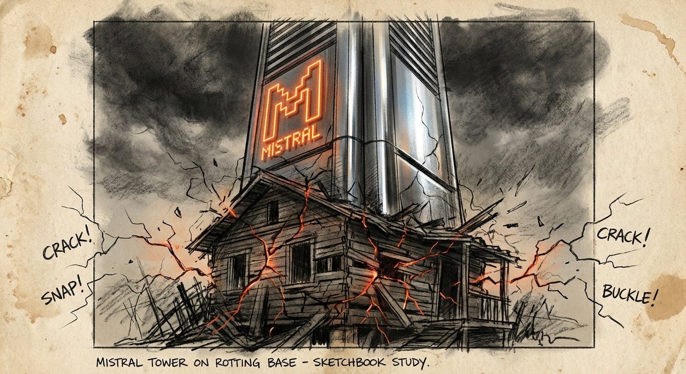 A hand-sketched, mixed-media drawing of a massive chrome skyscraper featuring the Mistral "M" logo crushing a fragile wooden shack foundation. A hand-sketched, mixed-media drawing of a massive chrome skyscraper featuring the Mistral "M" logo crushing a fragile wooden shack foundation.