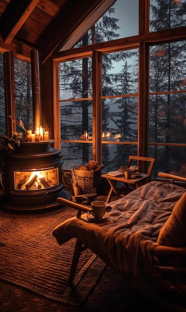 Cozy cabin in woods with wood stove interiors at night | Premium  AI-generated image