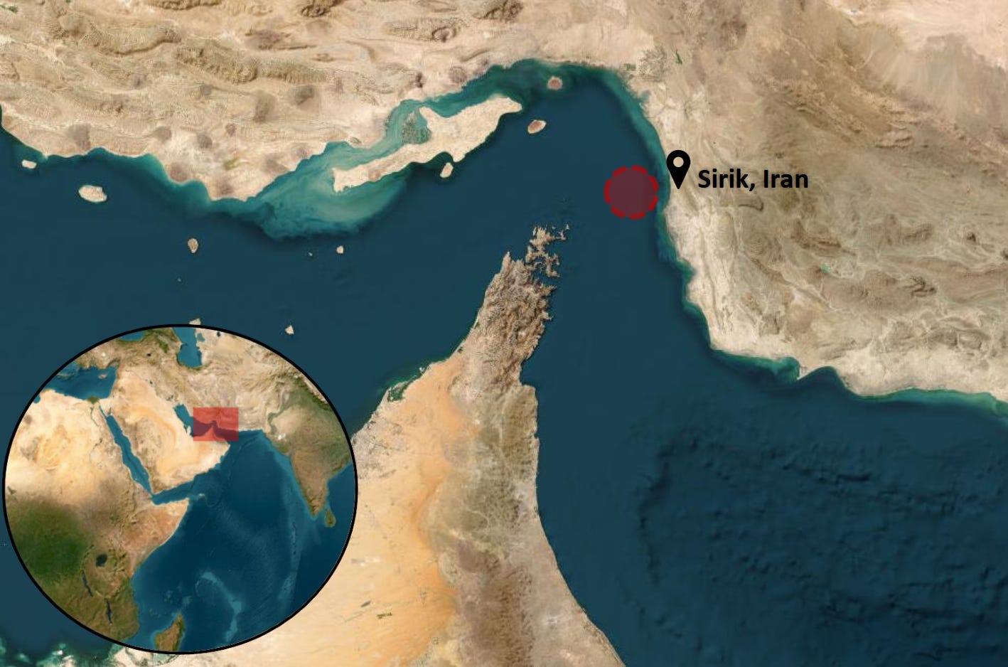 A map of the Strait of Hormuz highlighting the location of a recent attack on a ship A map of the Strait of Hormuz highlighting the location of a recent attack on a ship