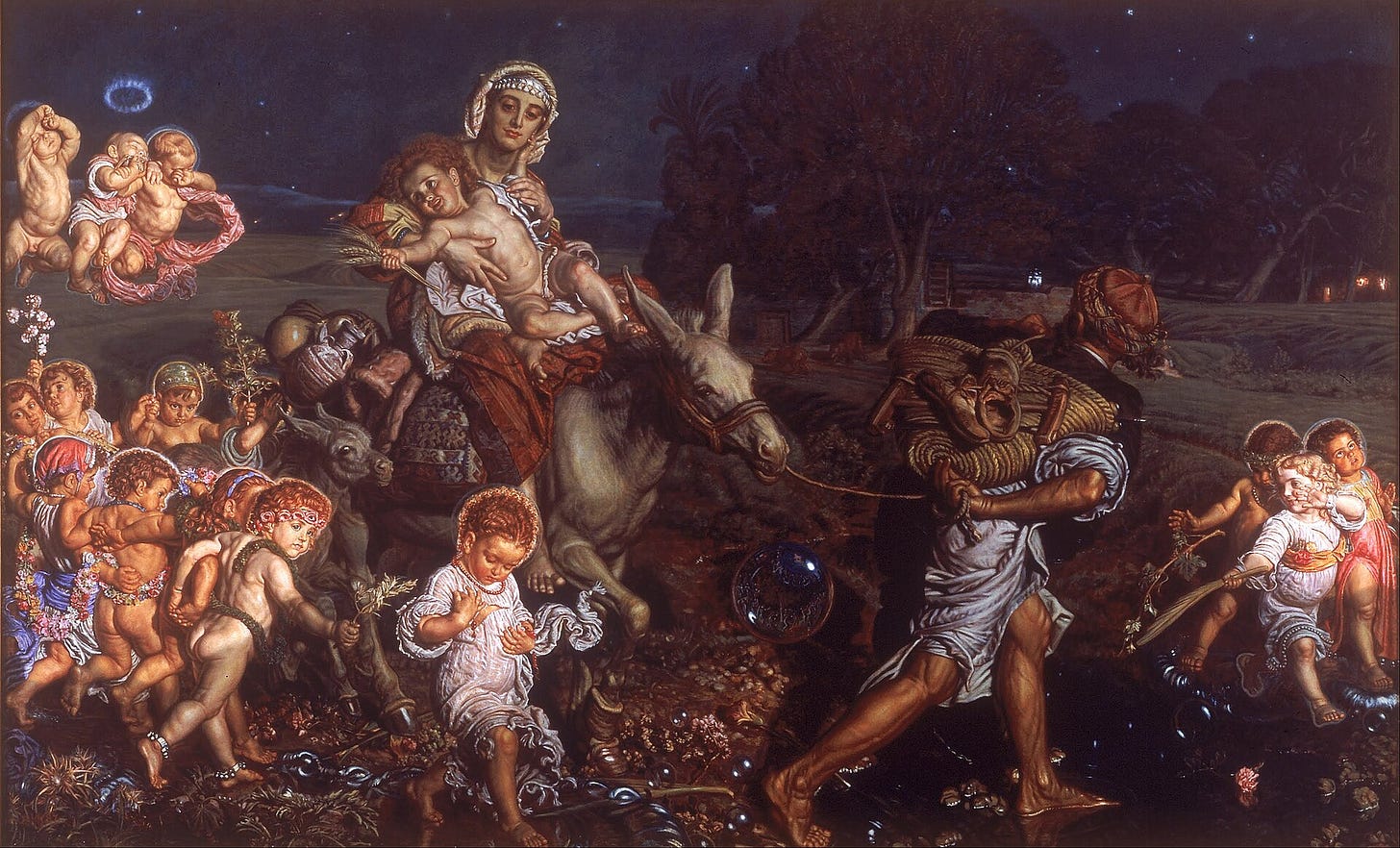 Mary rides a white donkey through a moonlit stream with the infant Jesus on her lap, Joseph leads the way, and a crowd of small children in white with flower garlands walks beside them while transparent bubbles float over the water. Mary rides a white donkey through a moonlit stream with the infant Jesus on her lap, Joseph leads the way, and a crowd of small children in white with flower garlands walks beside them while transparent bubbles float over the water.