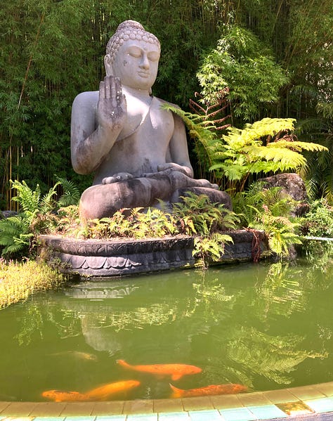 Six photos of an Asian temple, gardens, bamboo, buddha and prayer wheels.