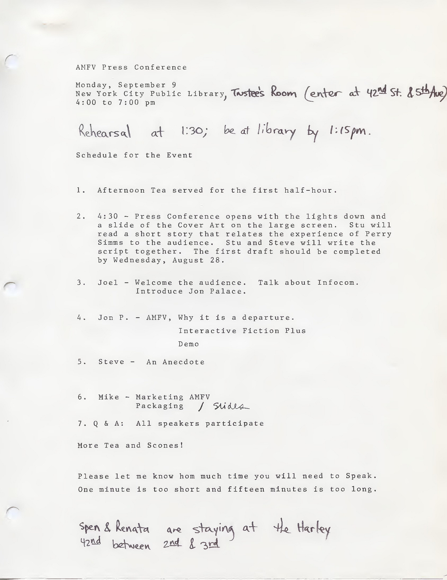 Schedule for the press conference Infocom organized for the launch of A Mind Forever Voyaging on September 9, 1985.