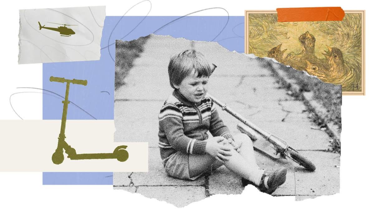 A young child sits on a sidewalk holding a scraped knee next to a fallen scooter, evoking reasonable childhood independence, with collage elements including a helicopter, art print, and abstract lines. A young child sits on a sidewalk holding a scraped knee next to a fallen scooter, evoking reasonable childhood independence, with collage elements including a helicopter, art print, and abstract lines.