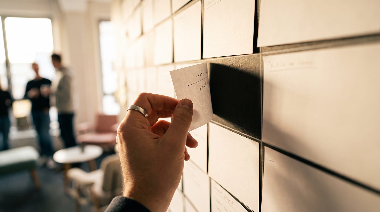 Een hand haalt één kaartje van een vol planbord, het gat dat overblijft valt in de schaduw Een hand haalt één kaartje van een vol planbord, het gat dat overblijft valt in de schaduw