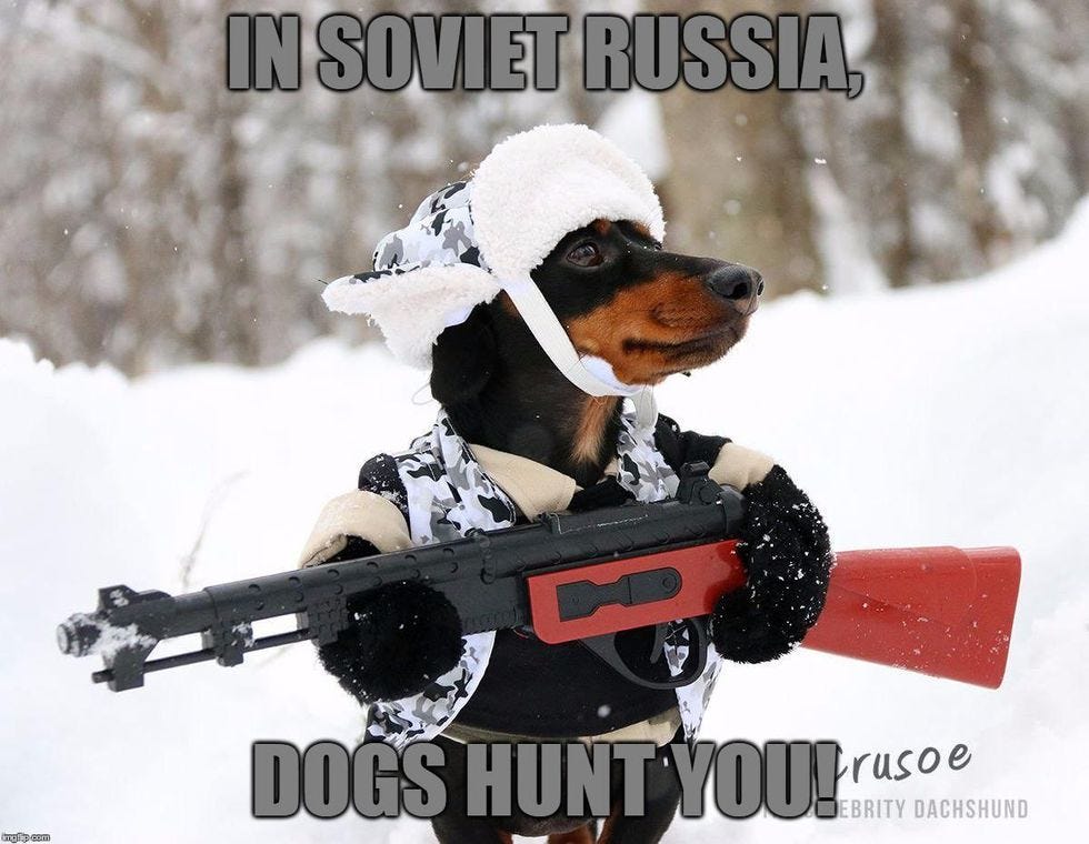 In Soviet Russia, dogs hunt you. In Soviet Russia, dogs hunt you.