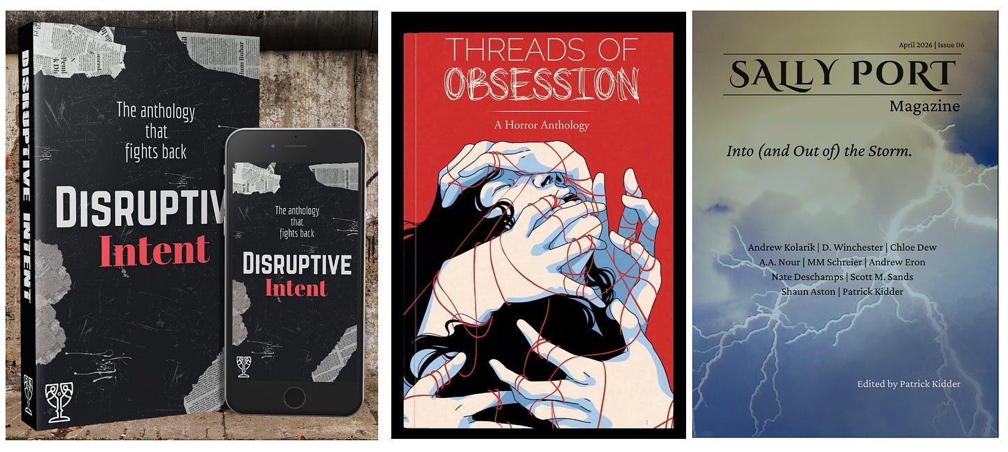 Book covers for Disruptive Intent and Threads of Obsession, magazine cover for the current issue of Sally Port Book covers for Disruptive Intent and Threads of Obsession, magazine cover for the current issue of Sally Port