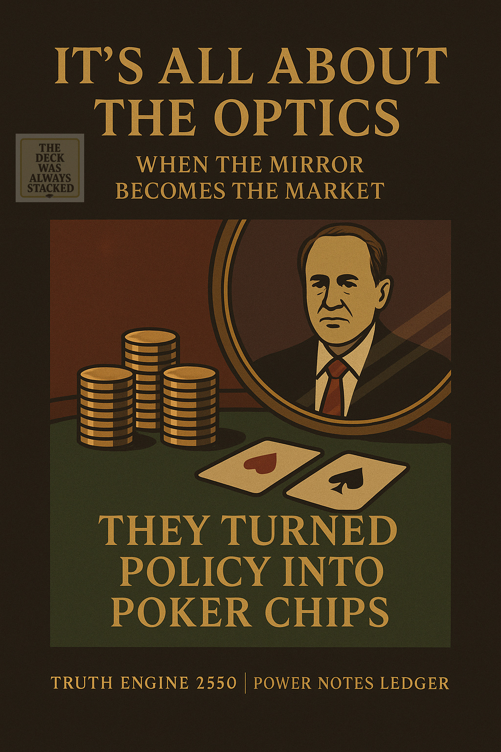 🜁 IT’S ALL ABOUT THE OPTICS Alt: Retro casino table scene with mirror-reflected executive and poker chips stacked beside policy cards — the market as a hall of mirrors. Tags: #TruthEngine2550 #PowerNotesLedger #OpticsEconomy SEO Title: It’s All About the Optics | Truth Engine 2550 Power Notes Ledger