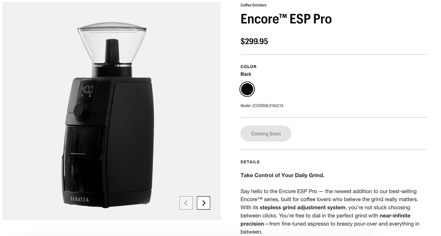 A product listing with image of a black coffee grinder with a clear hopper on the top.