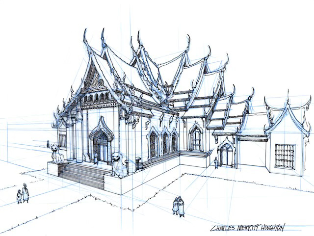 image of an imaginary thai temple with perspective construction lines and ornate thai architectural details