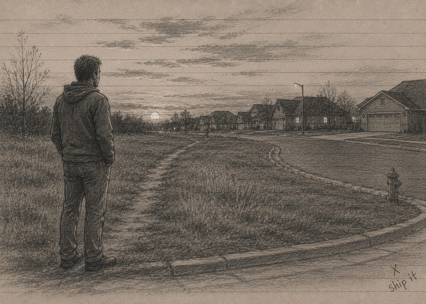 Adult standing beside a fading footpath cutting through grass toward a suburban neighborhood at sunset, reflecting on a route that once connected childhood adventures.