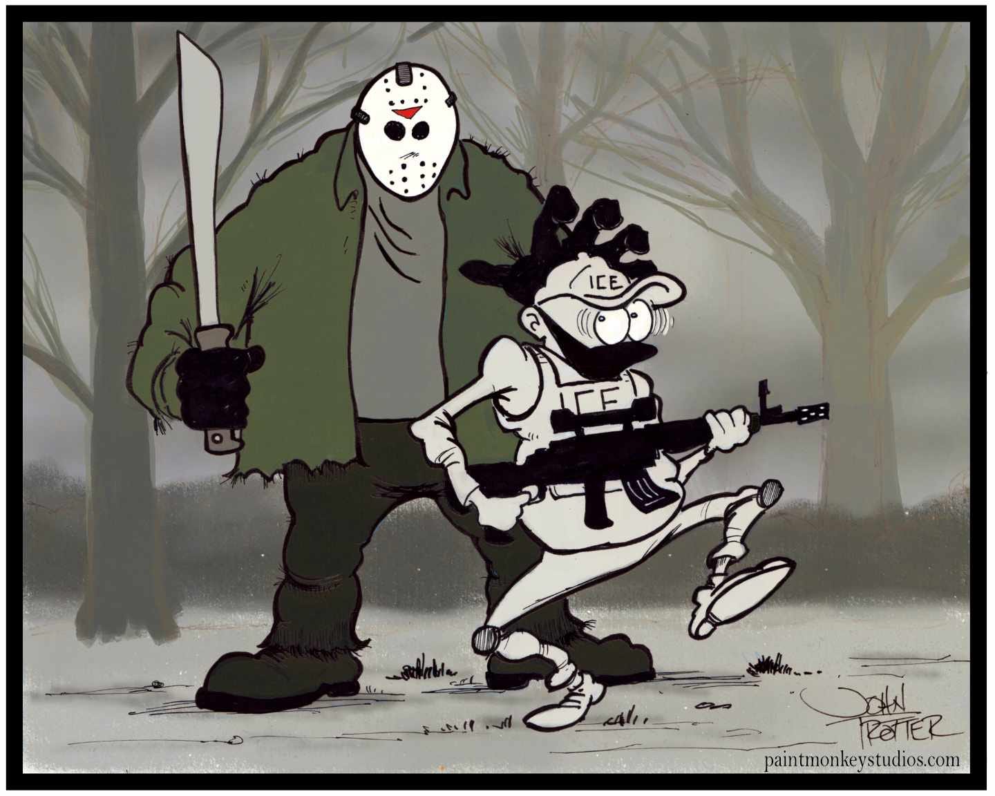 Ink and digtial cartoon of Jason Voorhees about to grab an icy agent. Ink and digtial cartoon of Jason Voorhees about to grab an icy agent.