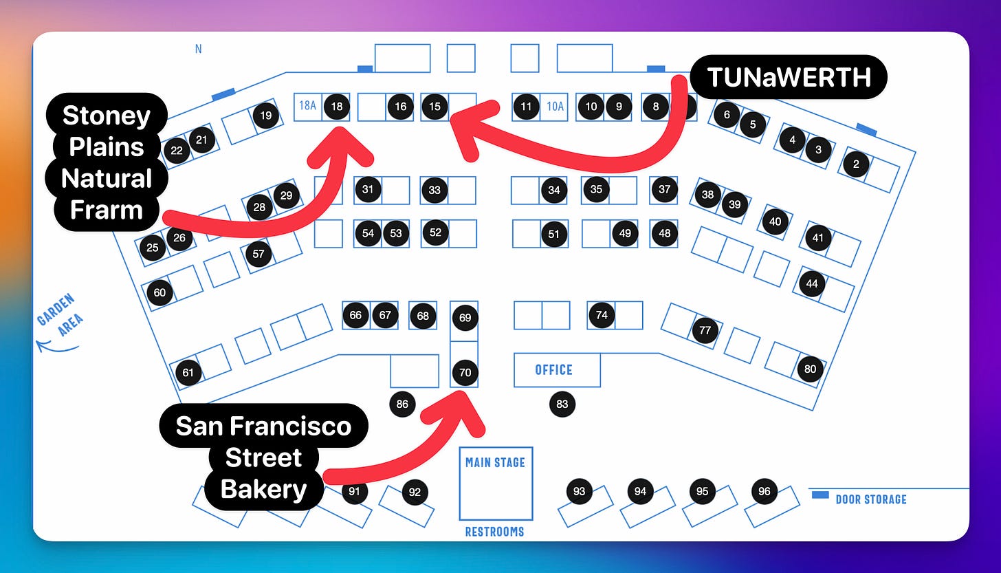 Map showing San Francisco in stall #70, Stoney Plains #18, TUNaWERTH #15