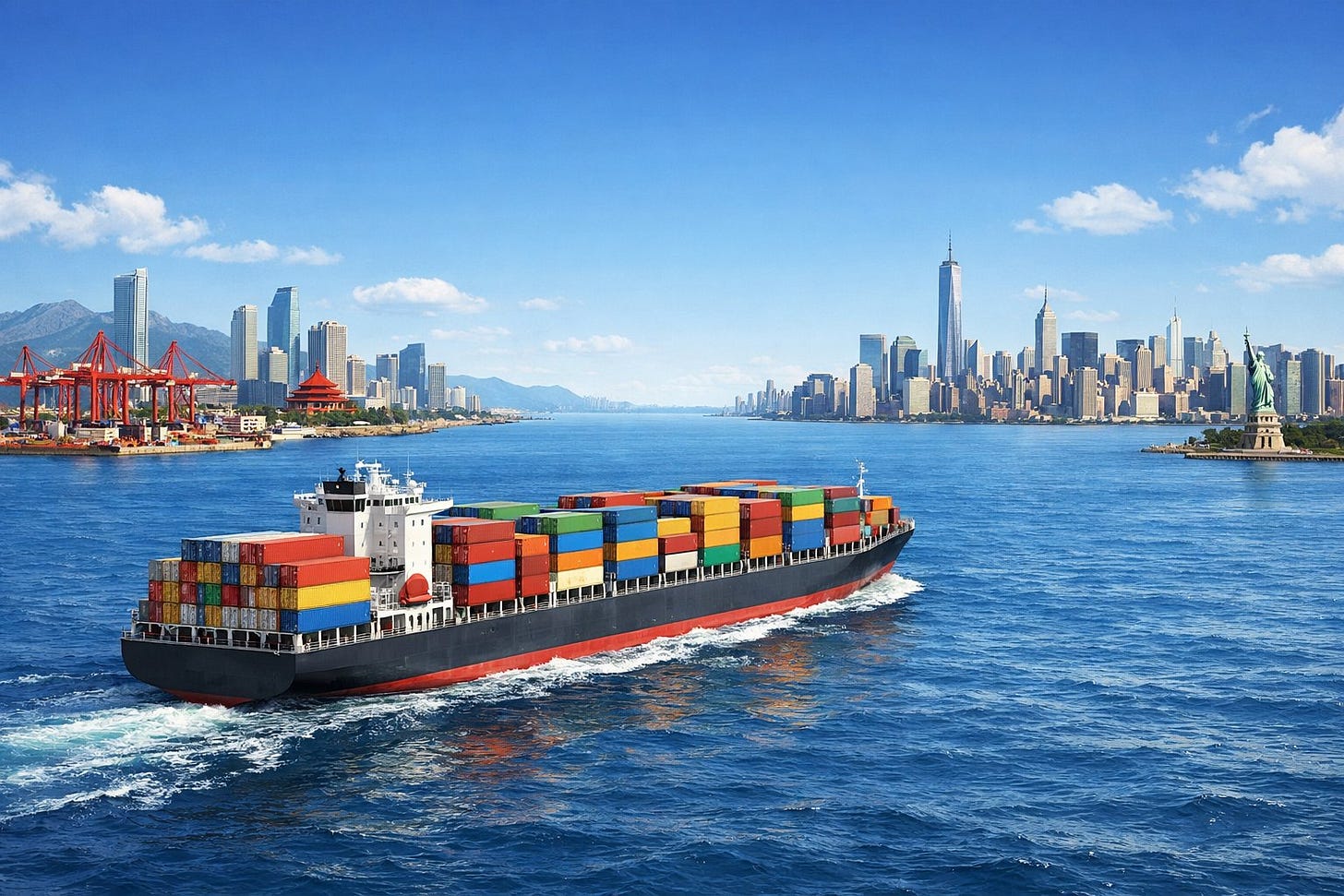 A large container ship sailing between the port city of Qingdao and the skyline of New York City across the ocean.