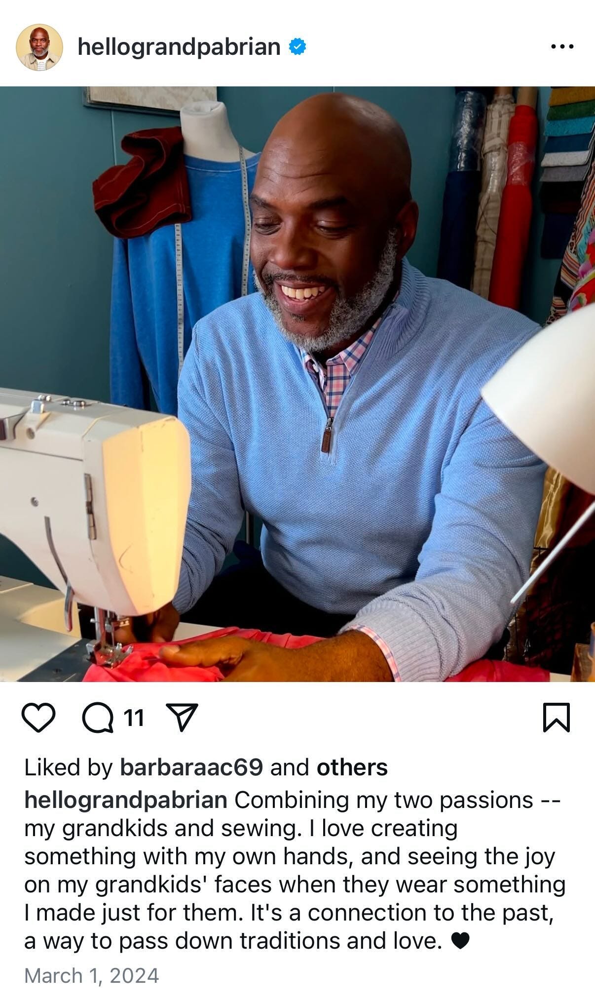 Photo by gretch rose hogan on January 02, 2025. Puede ser una captura de pantalla de Twitter de 1 persona, máquina de coser y texto que dice "hellograndpabrian 11 Liked by barbaraac69 and others hellograndpabrian Combining my two passions-- my grandkids and sewing. love creating something with my own hands, and seeing the joy on my grandkids' faces when they wear something I made just for them. It's a connection to the past, a way to pass down traditions and love. March 1, 2024".