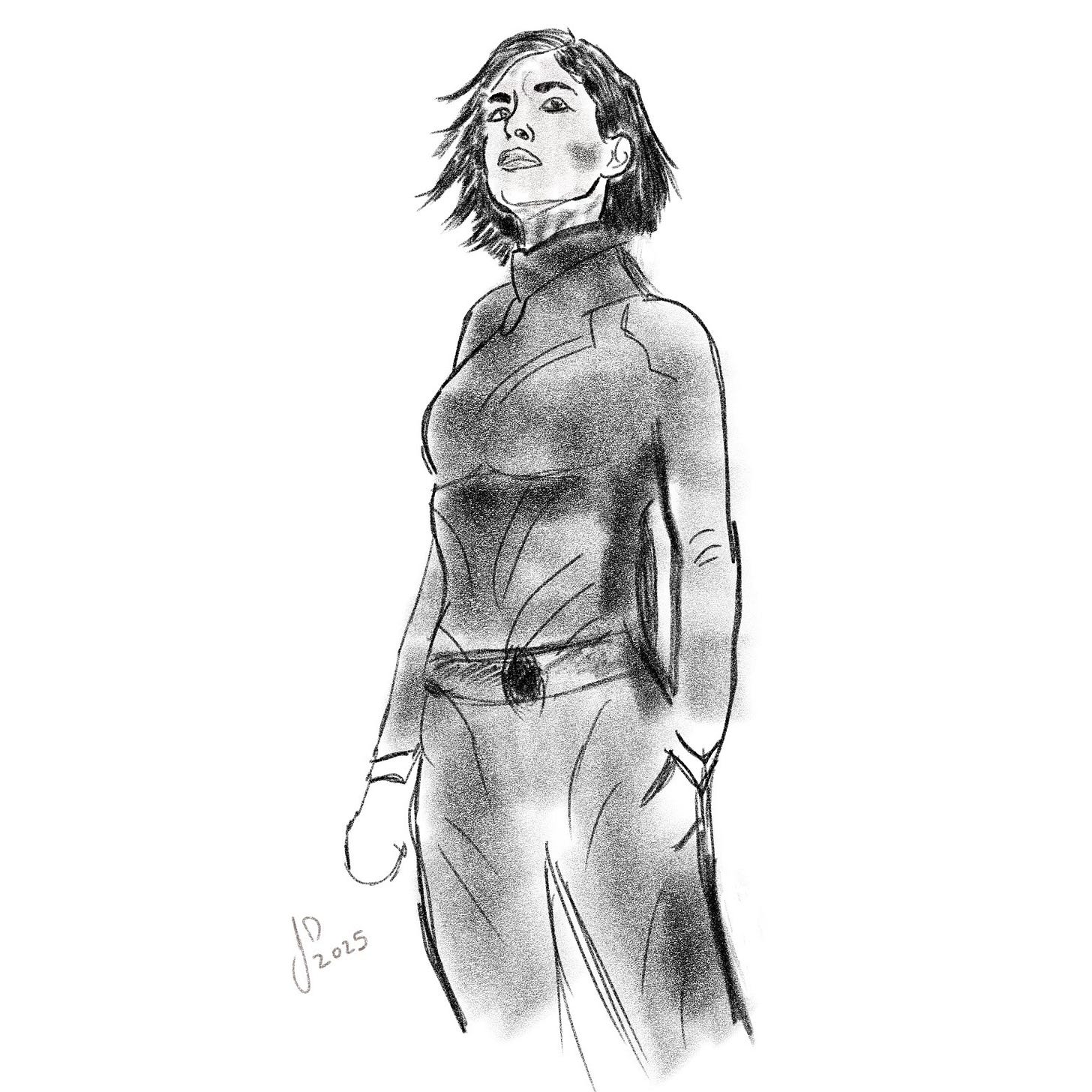 Black and white sketch of a confident young woman standing tall. She has short, windswept hair and wears a sleek, futuristic outfit with a high collar and a belt featuring a dark circular emblem. Her gaze is lifted upward, conveying strength and resolve. The sketch is signed “JD 2025” near the lower left.