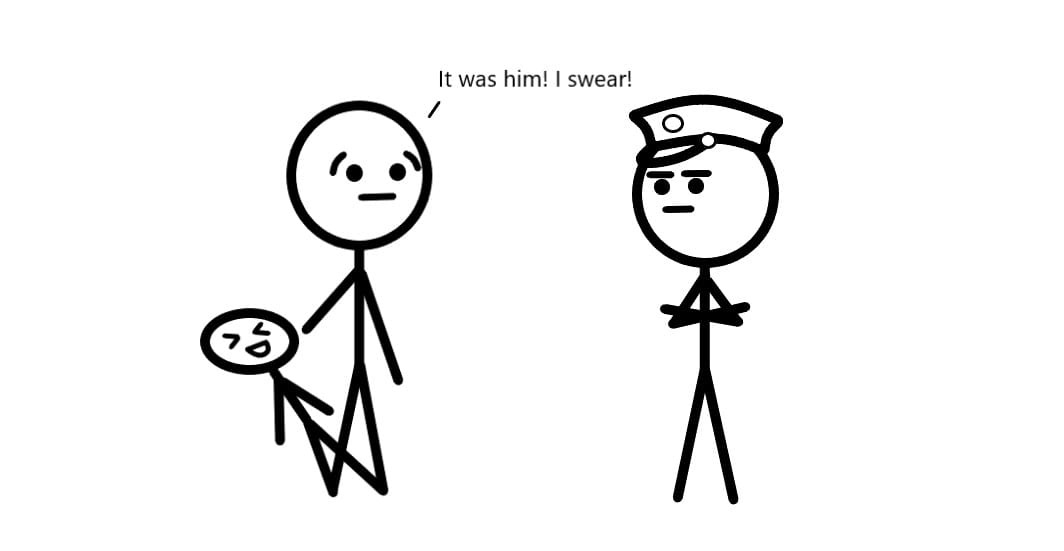 Person being confronted by police officers and blaming it on his shadow.