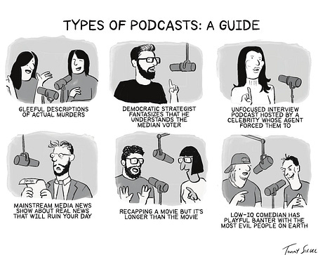 May be a graphic of magazine, poster and text that says "TYPES OF PODCASTS: A GUIDE GL GLEEFUL GLEEFULDESCRIPTIONS DESCRIPTIONS OF OFACTUALMURDERS ACTUAL MURDERS DEMOCRATIC STRATEGIST FANTASIZES THAT HE UNDERSTANDS THE MEDIAN VOTER UNFOCUSED INTERVIEW PODCAST.HOSTEDB TEDBY PODCAST HOSTED CEL CELEBRITY WHOSE AGENT FORCED THEM TO 스레마 5MPN 会 MAINSTREAM MEDIA NEWS SHOW ABOUT REAL NEWS THAT WILL RUIN YOUR DAY 5ክይ RECAPPING MOVIE BUT IT'S LONGER THAN THE MOVIE LOW-IQ LOW-IQCOMEDIANHAS IQ COMEDIAN HAS PLAY PLAYFUL BANTER WITH LAYFULBANTERWITHTHE THE MOST EVIL PEOPLE ON EARTH SIF.GEL"