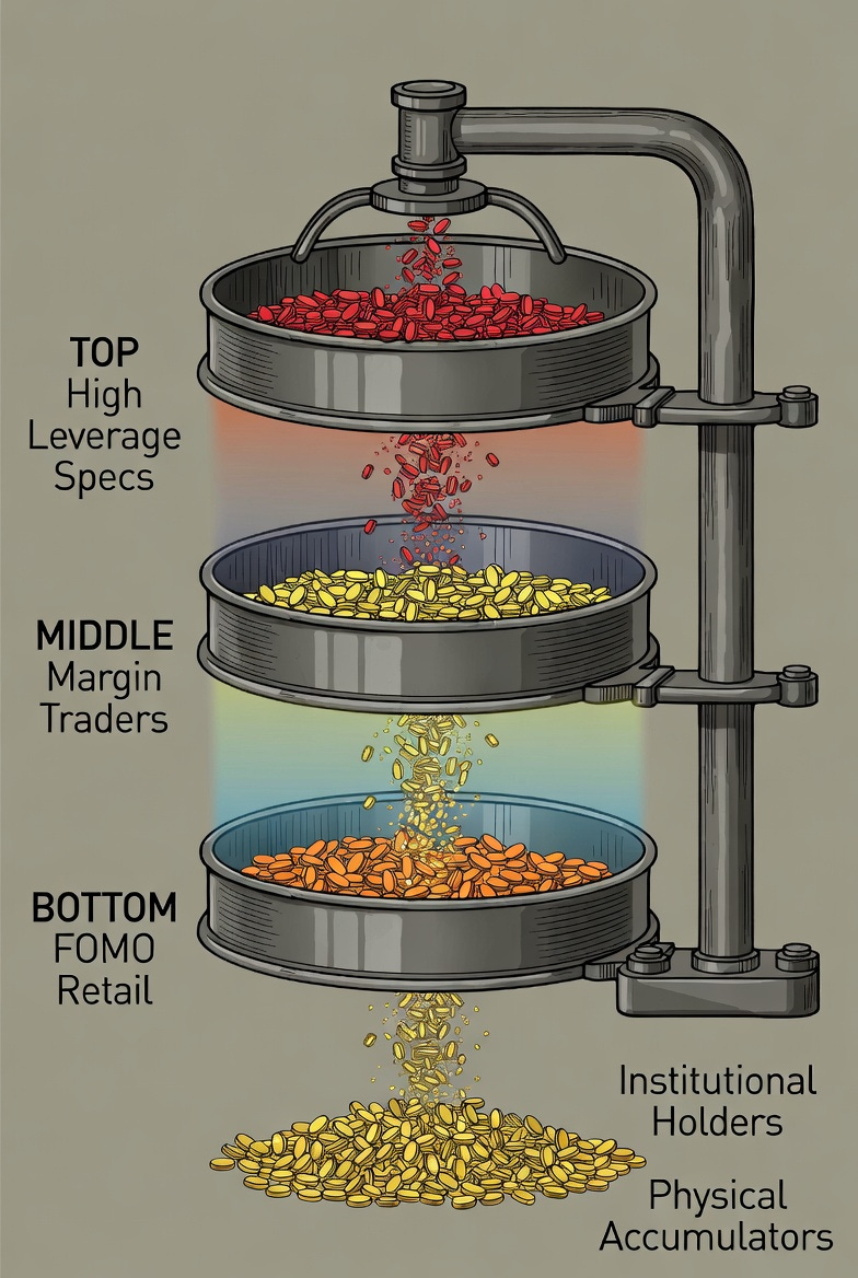 A technical illustration of an industrial sieve filtering precious metals, representing market participants in layers.
