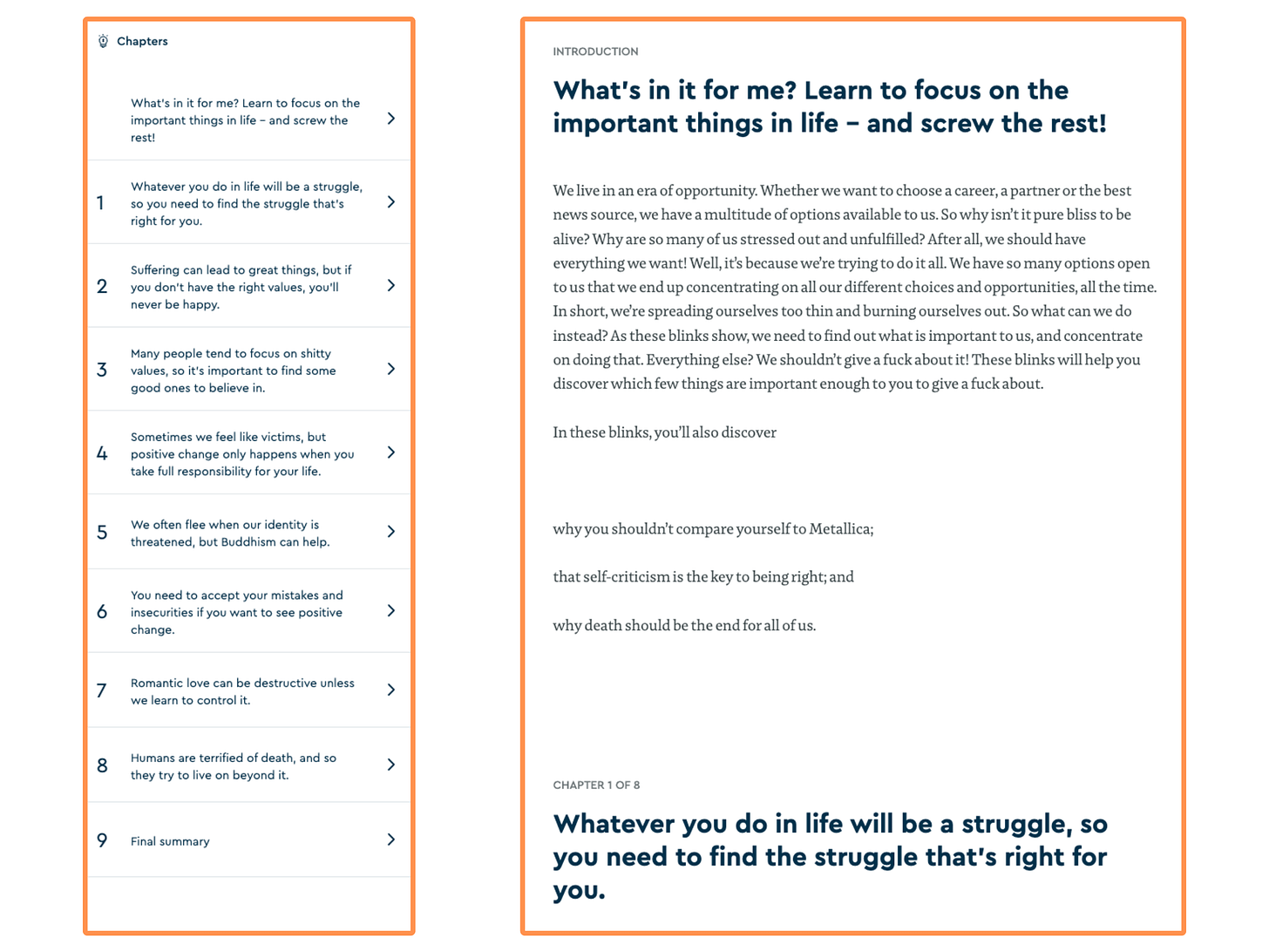 Blinkist summary (desktop view + light mode)