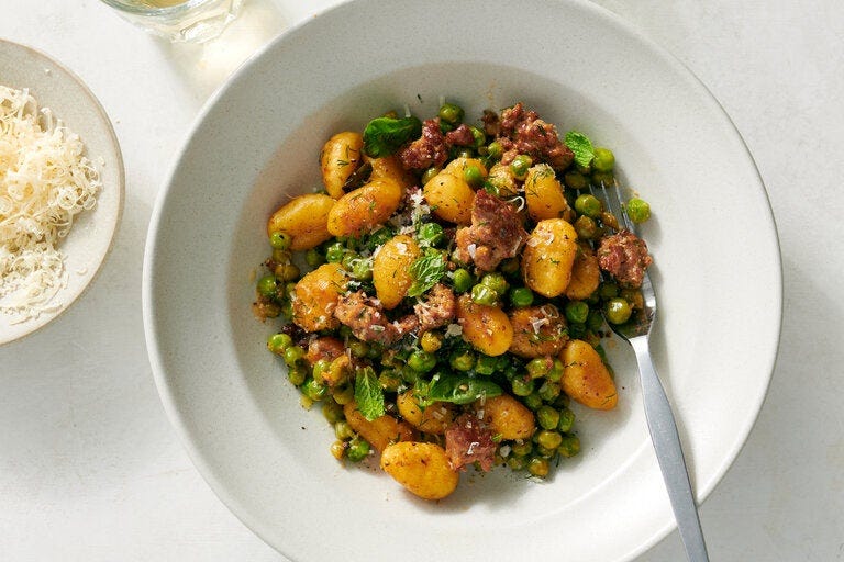 Crisp Gnocchi With Sausage and Peas