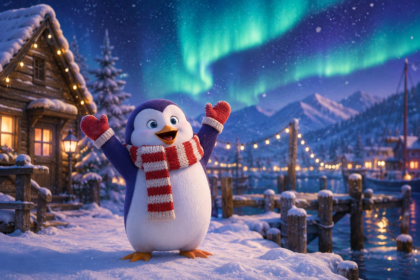 Pip the penguin stands before a wood cabin at a South Pole jetty and docks area