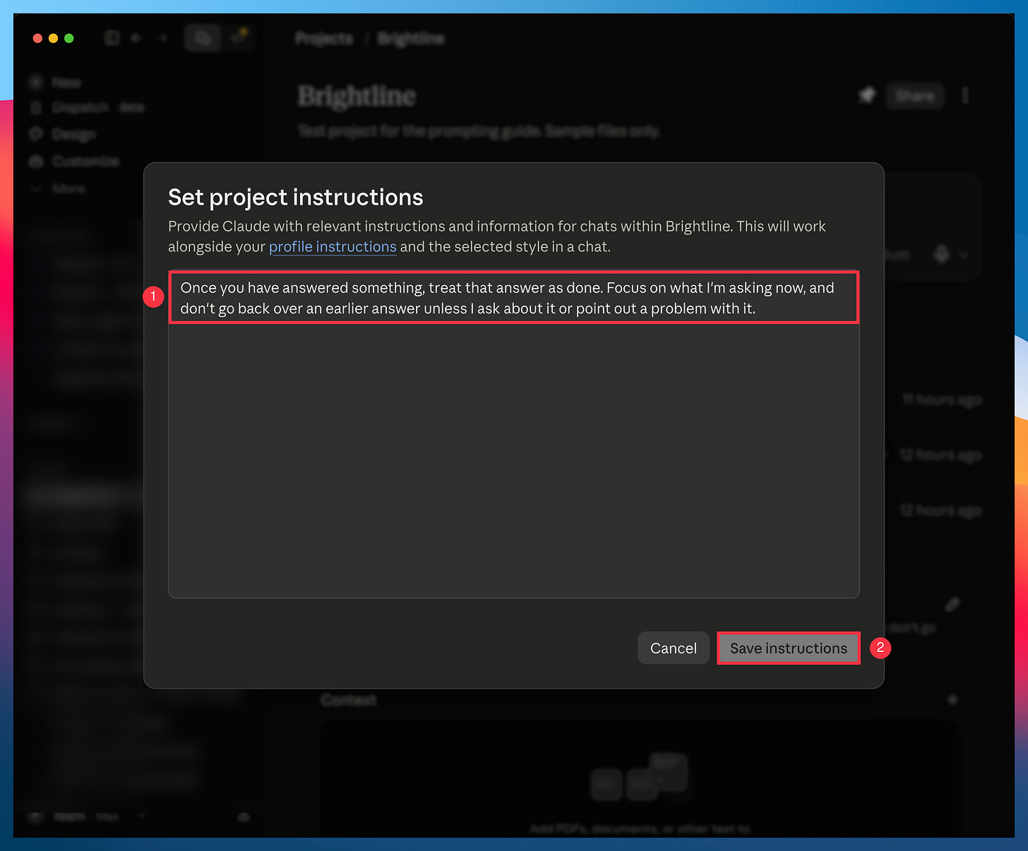 The line in a project's instructions