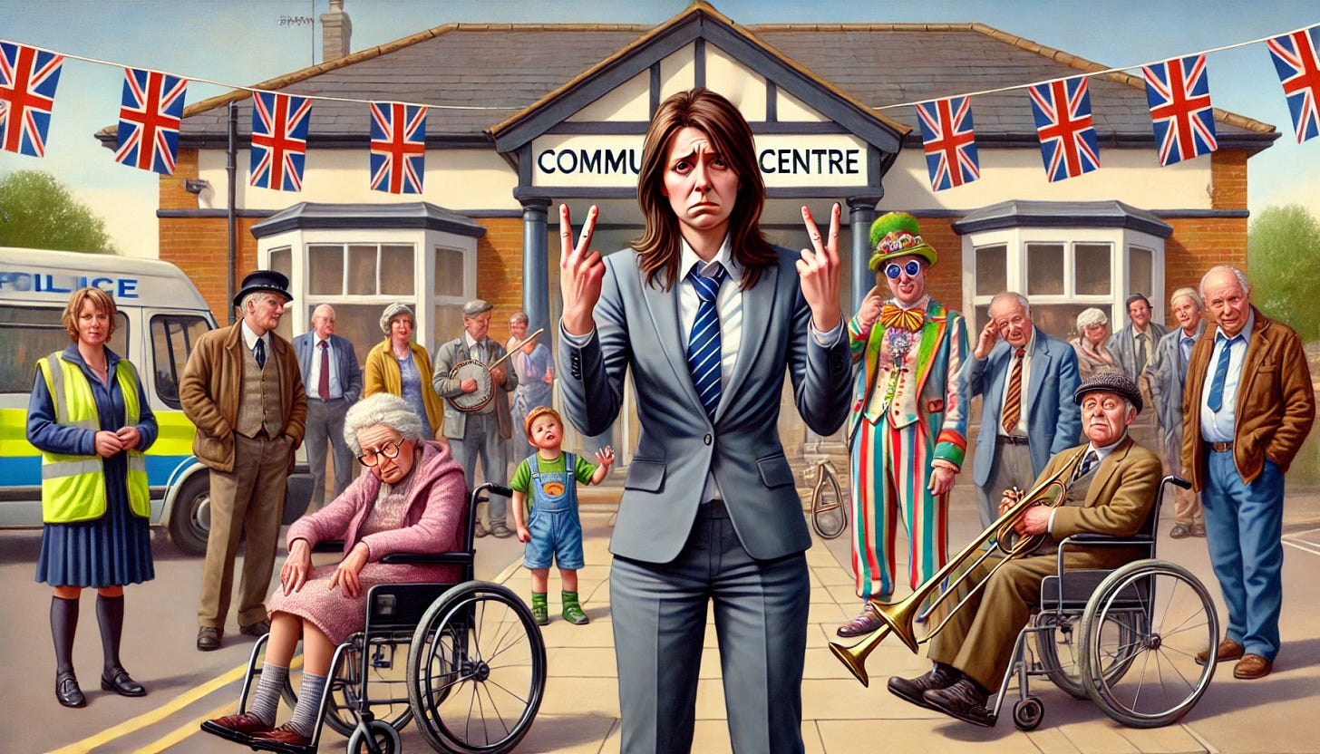 A humorous depiction of a tired but smartly dressed female charity worker standing in front of a typical UK community centre. The worker, dressed neatly in a casual but professional outfit appropriate for a manager, is giving the V-sign with her fingers towards the viewer in the British style that clearly implies 'go away'. She appears fatigued but maintains a cheeky smirk. The background features a lively mix of people: individuals in wheelchairs, elderly people chatting, small kids playing, a circus clown juggling, and a trombonist playing music. Other random characters add to the bustling scene. The architecture of the community centre reflects a typical British style, with a welcoming yet slightly worn appearance. The setting is colourful and vibrant, contrasting with the worker's cheeky gesture.