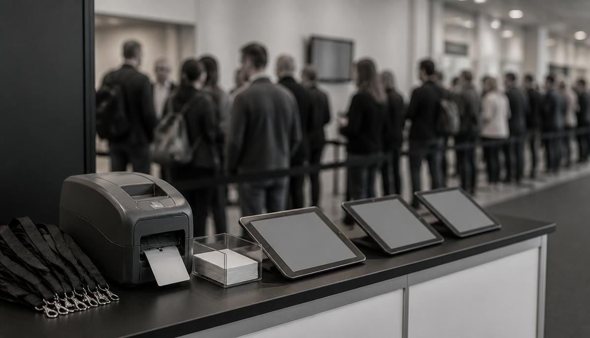 Registration and Payments Fail With 2,000 People in Line — Trade exhibition, 2,000 first-day arrivals, single registration hall, opening morning Registration and Payments Fail With 2,000 People in Line — Trade exhibition, 2,000 first-day arrivals, single registration hall, opening morning