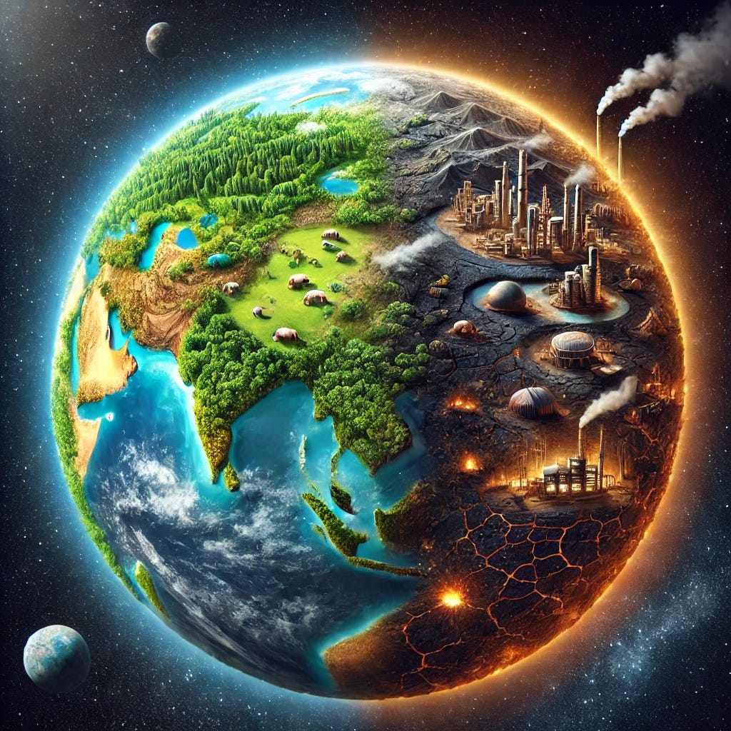 A close-up view of Earth from space, showing a split between two contrasting halves. One half is vibrant, covered with lush forests, rivers, and animals, with bright, healthy colors. The other half shows scenes of environmental destruction: deforestation, cracked soil, pollution, smoke, and dried-up water bodies. Factories and industrial scenes appear on the desolate side, contrasting sharply with the natural, life-filled side. The planet is set against the darkness of space to emphasize the stark contrast between sustainability and destruction. Realistic style with detailed textures.