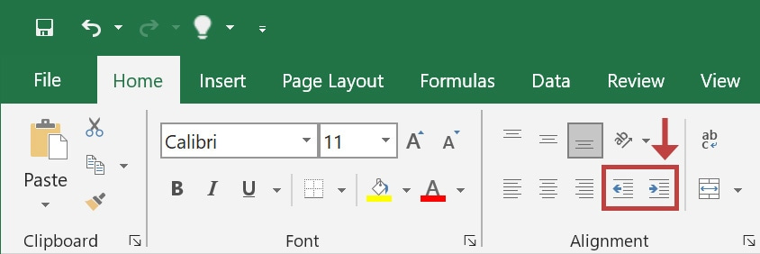 Indent in Excel using the Ribbon icons The Indent buttons from the Alignment tab.