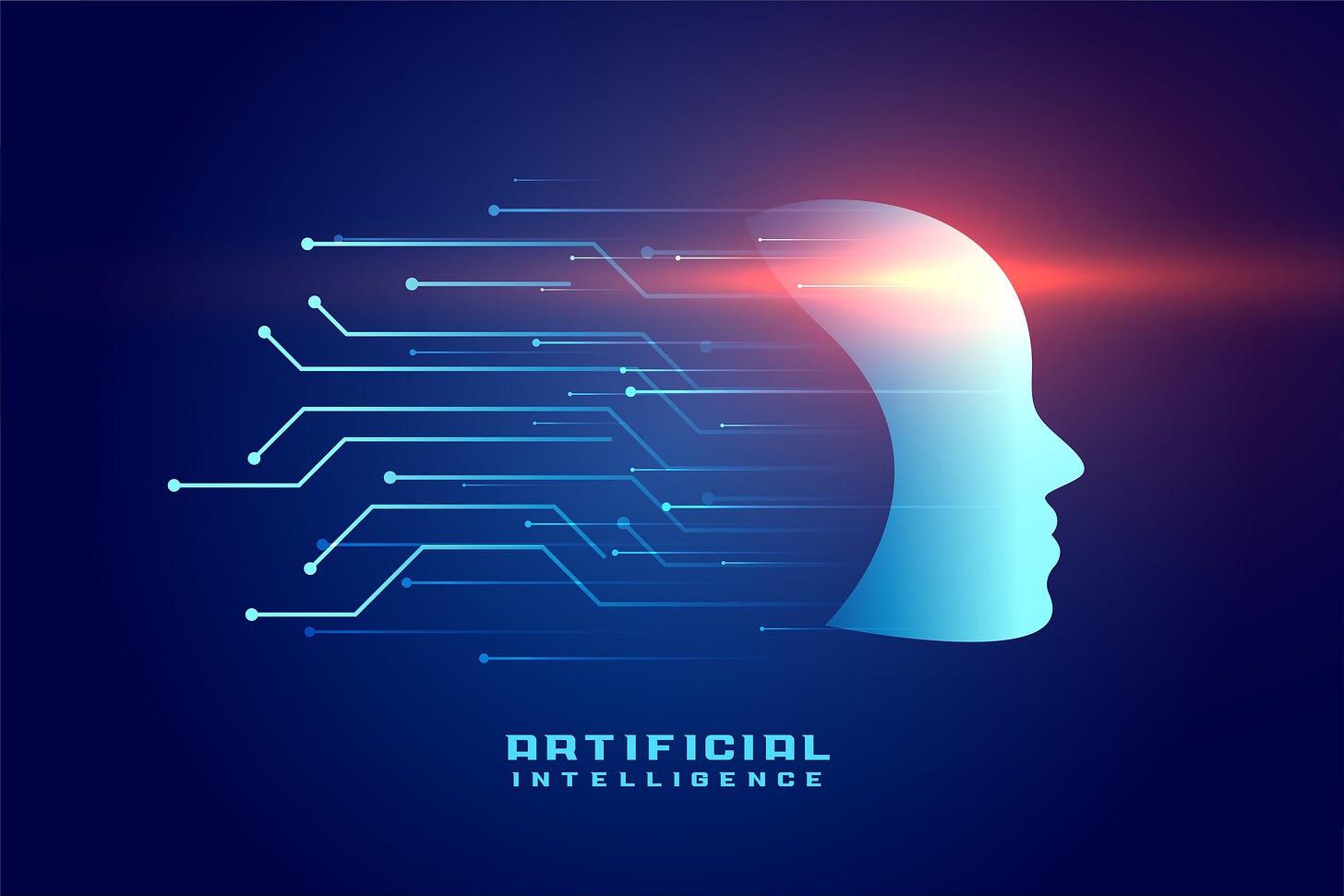 A futuristic graphic of a human head with its brain merging into digital nodes