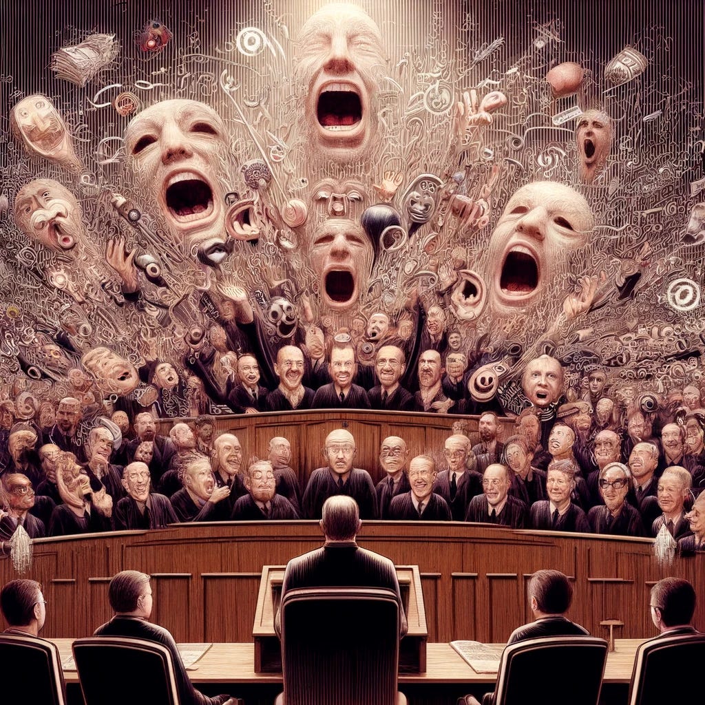 the image depicting a scene inspired by "Noise: A Flaw in Human Judgment" by Daniel Kahneman. The illustration shows a chaotic courtroom scene with multiple judges delivering different verdicts for the same case, symbolizing the inconsistency and unpredictability of noise in professional judgments. The background features faint echoes of numbers and legal symbols, emphasizing the statistical and systematic nature of noise. the image depicting a scene inspired by "Noise: A Flaw in Human Judgment" by Daniel Kahneman. The illustration shows a chaotic courtroom scene with multiple judges delivering different verdicts for the same case, symbolizing the inconsistency and unpredictability of noise in professional judgments. The background features faint echoes of numbers and legal symbols, emphasizing the statistical and systematic nature of noise.