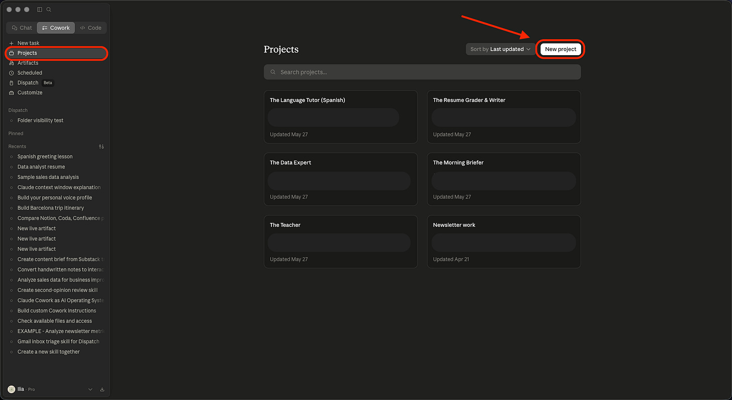Claude Cowork Projects screen showing where to create a new GSC analyst project