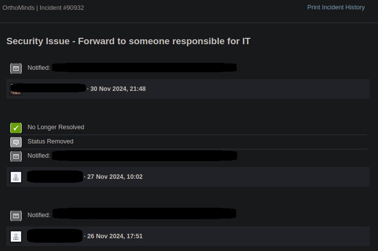 The image shows the various updates Orthominds did over the next few days to my ticket.