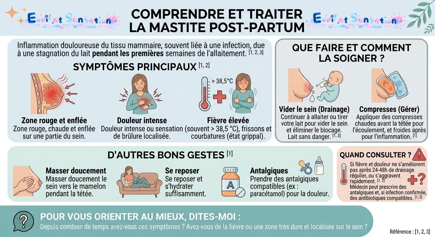 Infographie explicative sur la mastite d'allaitement : symptômes, causes et conseils de massage soulageant Infographie explicative sur la mastite d'allaitement : symptômes, causes et conseils de massage soulageant