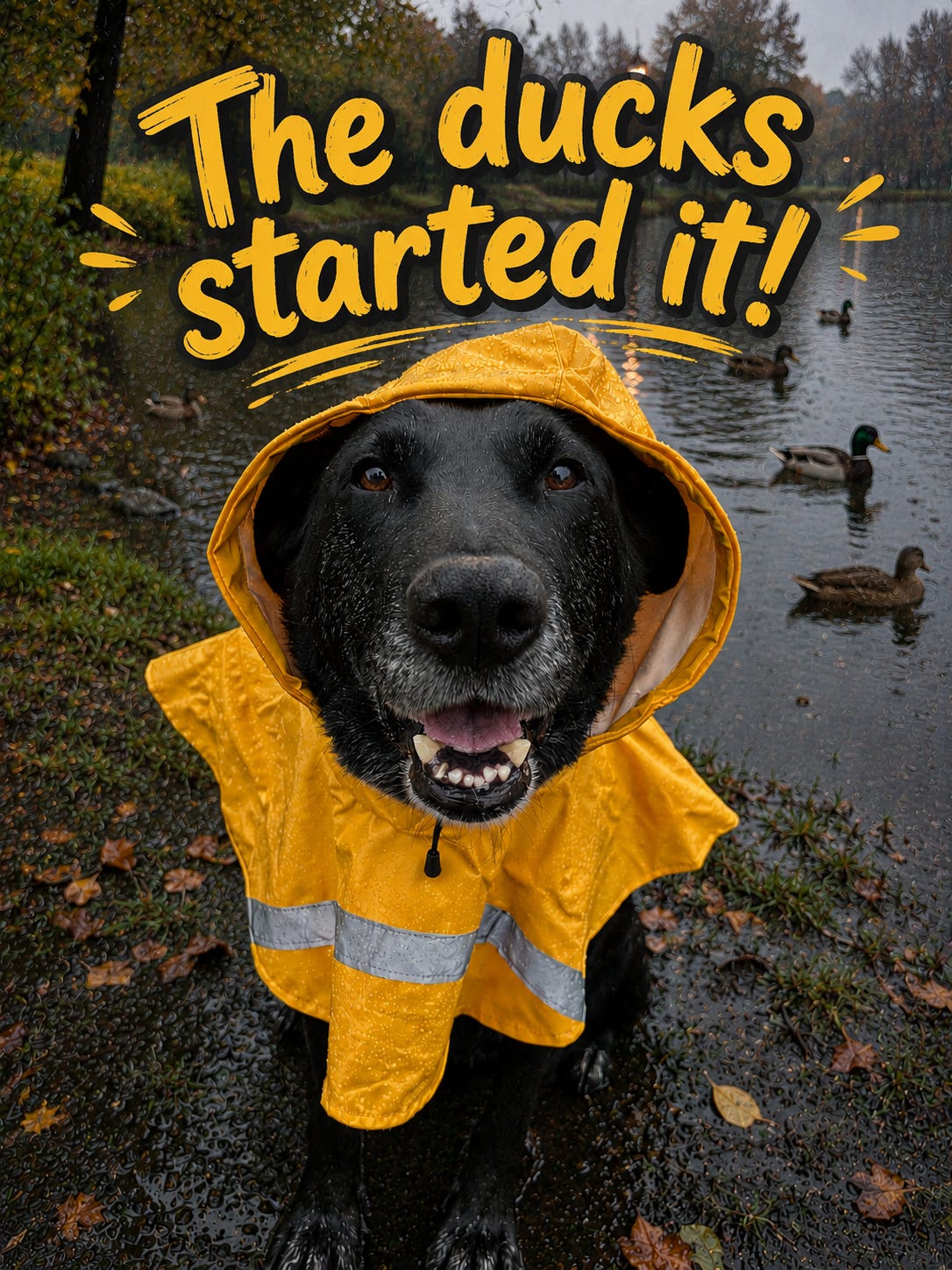 Image of my dog Barrow in a yellow rain coat.