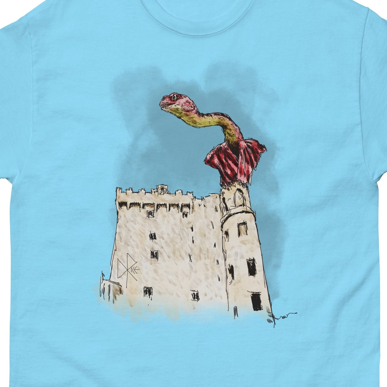 A red dragon perches at the top of a turret, head moving on its long neck and wings folded comfortably. Sketch art by Don Rice. A red dragon perches at the top of a turret, head moving on its long neck and wings folded comfortably. Sketch art by Don Rice.