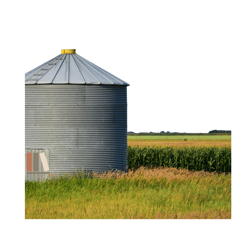 A corrugated metal grain silo stands at the edge of a green cornfield under a pale sky, with tall grass and dried brush in the foreground. The GWHQ bookshelf monogram is tucked against the base of the silo. The image is framed against a black background.