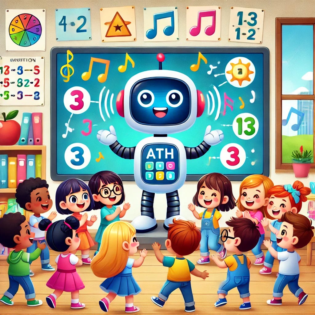 An illustration of a lively, colorful classroom with children gathered around a digital screen, listening and engaging with a playful AI robot that’s singing math songs. The robot has a friendly face and is surrounded by floating musical notes, numbers, and symbols for addition and subtraction. The children look happy and excited, tapping their feet and clapping along to the music. The background has educational posters, books, and bright colors, creating a fun, interactive learning environment. Size: 1792x1024
